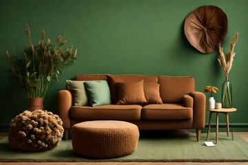 Cozy brown sofa with cushion, pouf and dried flowers in vase on green background