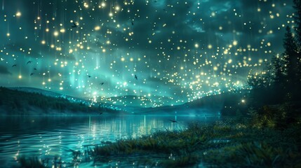 A beautiful night sky with a lake and a forest in the background. The stars are shining brightly and the sky is filled with light