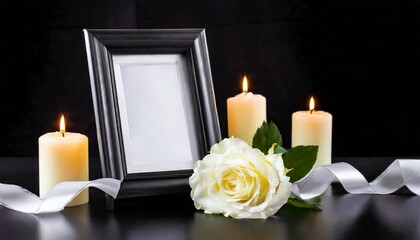 Funeral photo frame with ribbon, white rose and candles on a dark table on a black background
