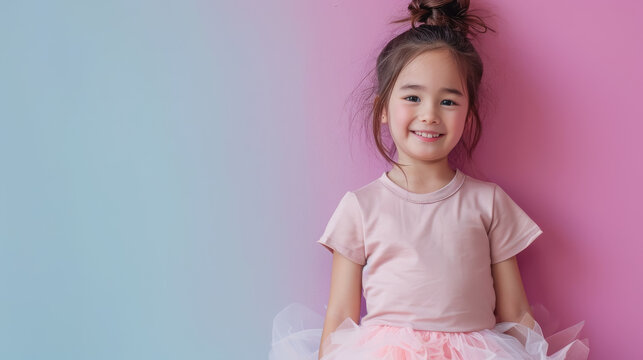 studio photo of a small smiling stylish Korean girl in a fluffy skirt and T-shirt on a color background, child, children, toddler, baby, kid, clothes, emotional face, expression, joy, smile, fun