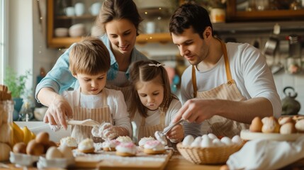 Obraz na płótnie Canvas Overjoyed young family with little daughter doing bakery in kitchen together, happy parents enjoy weekend with small girl child baking biscuits pastries, making pie at home AIG42E
