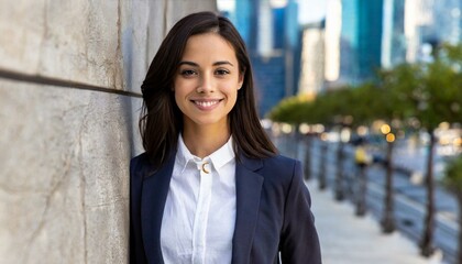 Fototapeta premium Smiling businesswoman with hands in pockets leaning on wall