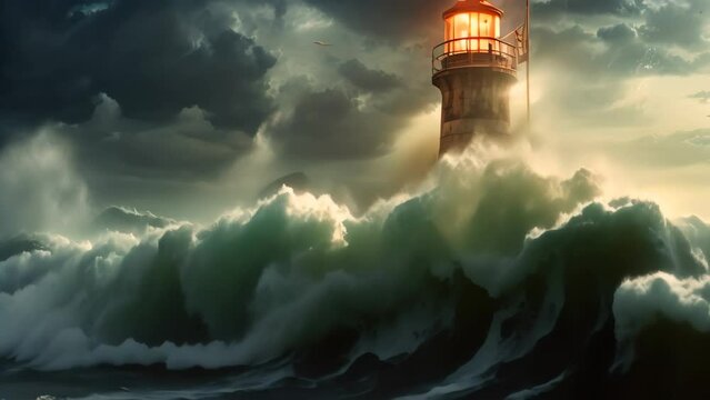 Lighthouse in stormy sea. 3D illustration. Elements of this image furnished by NASA, An old lighthouse during a violent storm with crashing waves, AI Generated