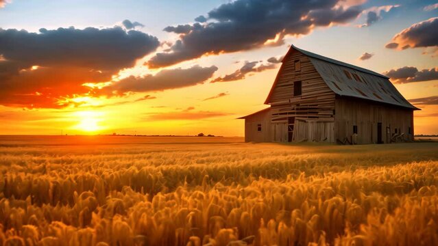Dramatic sunset over an old barn in a wheat field, An old rustic barn in wheat field under setting sun, AI Generated