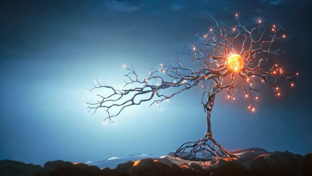 Conceptual image with tree silhouette against blue sky with glowing stars, AI Generated