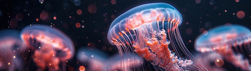 Jellyfish floating gracefully in a bioluminescent sea - obrazy, fototapety, plakaty