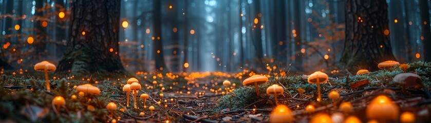 Glowing mushrooms lighting up a dark forest floor - obrazy, fototapety, plakaty