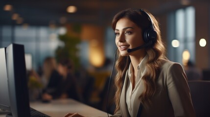 Female Customer Support Agent Focused on Online Consultation in a Call Center Generative AI