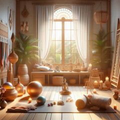 A cozy and calm room for yoga practice - obrazy, fototapety, plakaty