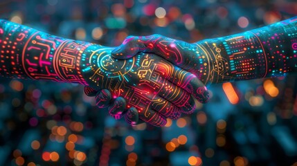 A hand is shaking another hand in a colorful, futuristic style. Concept of unity and collaboration, as if the two hands are working together to achieve a common goal