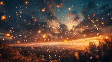 A starry night sky with a few clouds and a bright orange sun. The stars are scattered throughout the sky, creating a sense of wonder and awe