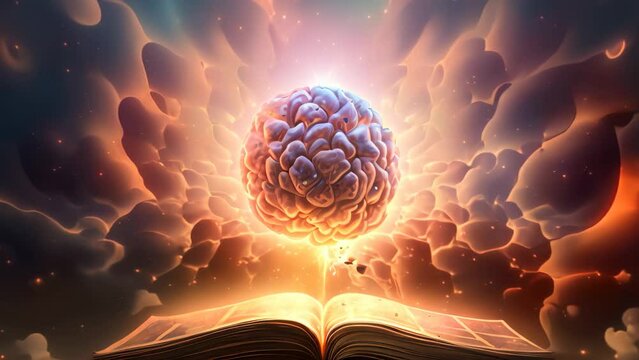 Brain coming out of an open book, conceptual image. 3D rendering, Concept art of a human brain exploding with knowledge and creativity, AI Generated