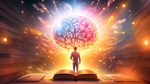 Man sitting on book and brain explosion coming out of book. Education concept, Concept art of a human brain exploding with knowledge and creativity, AI Generated