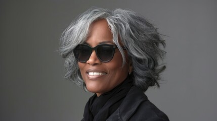 Stylish mature lady with wavy gray hair and chic sunglasses.