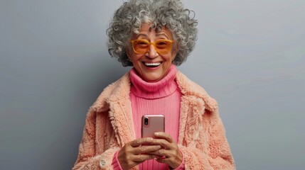 Joyful senior lady with curly gray hair and orange glasses holding a phone.