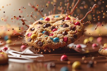 Modern illustration of cookies and chocolate splashes in 3D.