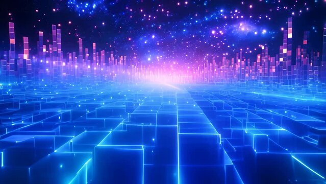 An image featuring a futuristic background composed of glowing squares and stars, Cyber big data flow Blockchain data fields Network line connect stream, AI Generated