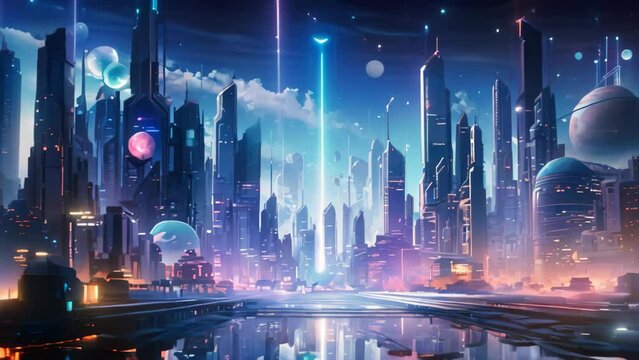 A stunning image revealing a futuristic city aglow with vibrant lights and surrounded by floating planets, Cybernetic future cityscape with neon lights and high-tech skyscrapers, AI Generated