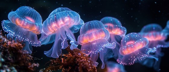 A mesmerizing display of glowing sea creatures in the ocean depths