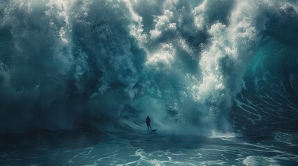 Surfer Riding Large Wave in Ocean - obrazy, fototapety, plakaty