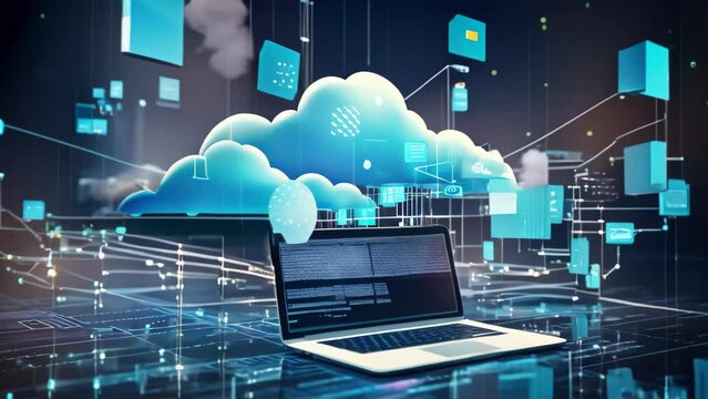 A laptop computer rests gracefully on a table, ready to power your digital journey, data transfer cloud computing technology concept, AI Generated