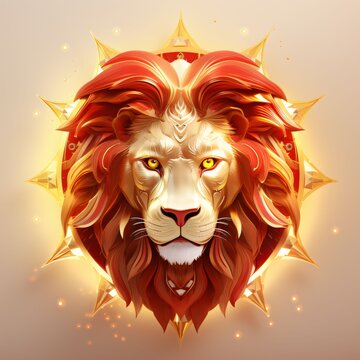 Lion head with open mouth and golden crown. Vector illustration.