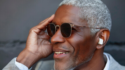 Elegant African American man adjusting sunglasses, with earpiece. - Powered by Adobe