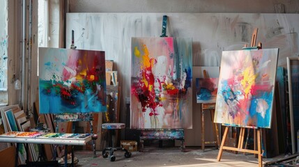 Three contemporary abstract paintings on the art studio. Nonfigurative abstract paintings of the...