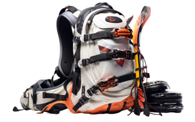 A backpack with skis and ski poles attached to it, ready for an outdoor adventure