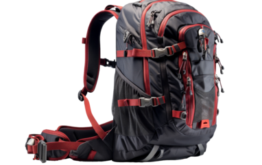A sleek black and red backpack with vibrant red straps