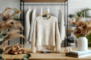 Elegant Cream-Colored Knit Sweater Displayed in a Modern Boutique A Perfect Blend of Comfort and Style for Fashion Enthusiasts.