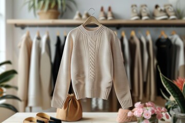 Elegant Cream-Colored Knit Sweater Displayed in a Modern Boutique A Perfect Blend of Comfort and Style for Fashion Enthusiasts.