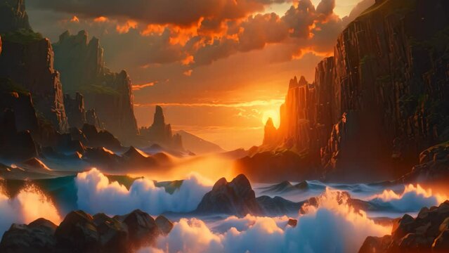 Fantasy alien planet. Mountain and lake. 3D illustration, Dramatic, rugged cliffs against an ocean sunset, AI Generated