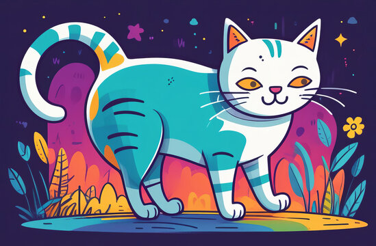 A whimsical cat illustration with a vibrant cosmic and floral backdrop