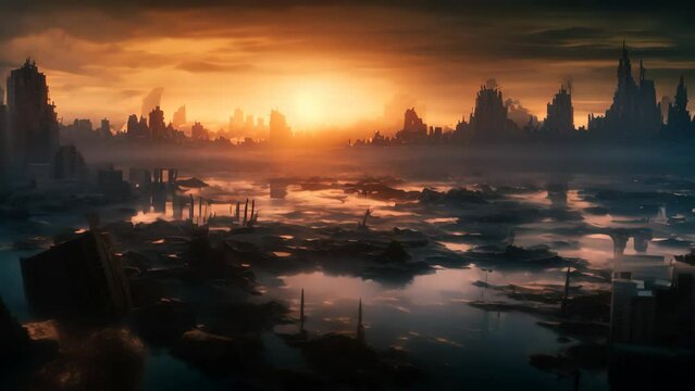 Mysterious city in the fog at sunset. 3D rendering, Dystopian world with sparse vegetation and thick, polluted skies, AI Generated