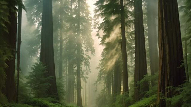 Foggy redwood forest in California, United States of America, Early morning fog enveloping a towering, ancient forest, AI Generated