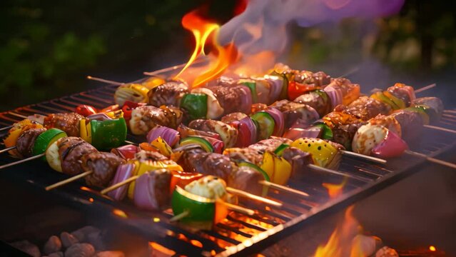 Grilled meat and vegetables on barbecue grill. Shish kebab, Evening barbecue party with grilled meat and vegetables, AI Generated