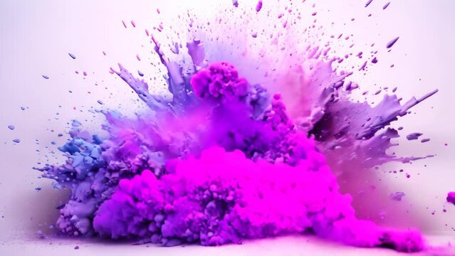 Purple and purple paint splashes isolated on a white background, Explosion of purple and blue glitter against a stark white backdrop, AI Generated
