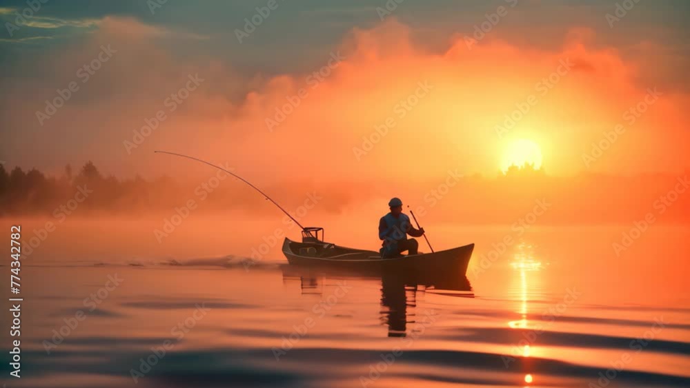 Sticker a man peacefully fishes in a boat, surrounded by the stunning hues of a sunset, fisher fishing on fo