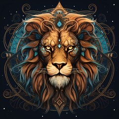 Lion head with ornamental ornaments. Vector illustration.