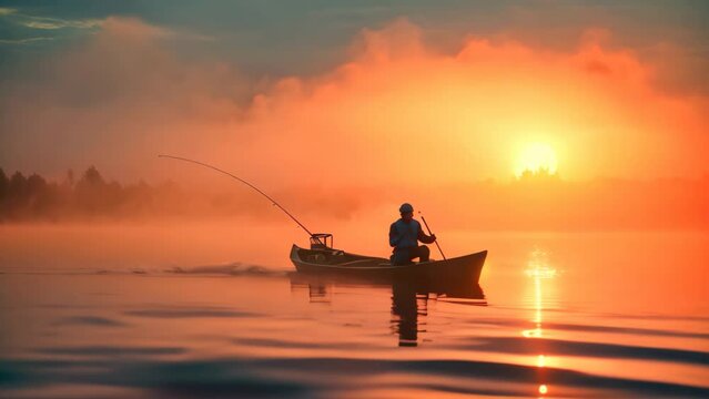 A man peacefully fishes in a boat, surrounded by the stunning hues of a sunset, fisher fishing on foggy sunrise, AI Generated