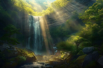 a painting of a waterfall in the middle of a forest with sunlight streaming through the trees and the water running down the side of the cliff to the bottom of the waterfall. - obrazy, fototapety, plakaty