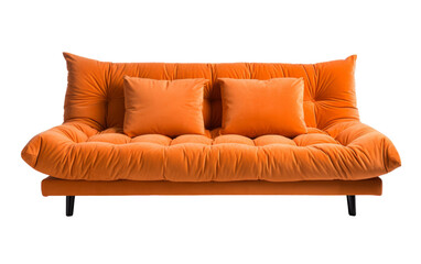 An orange couch adorned with three colorful pillows