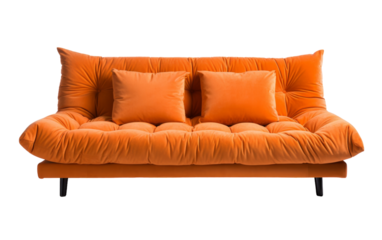 An orange couch adorned with three colorful pillows