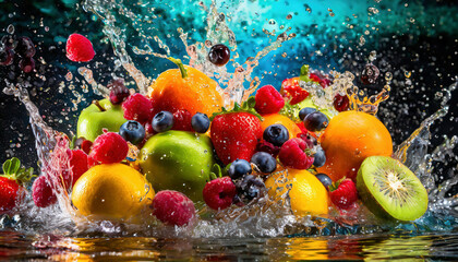 Mixed colorful Fruits in water splash. Healthy food concept.