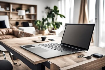 Closeup of a modern laptop on a desk in a living room