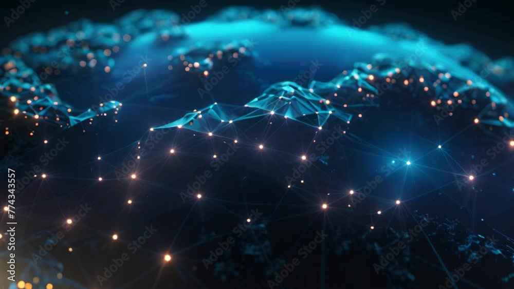 Poster global network of lights on a globe, global network blockchain 3d illustration neural networks and a