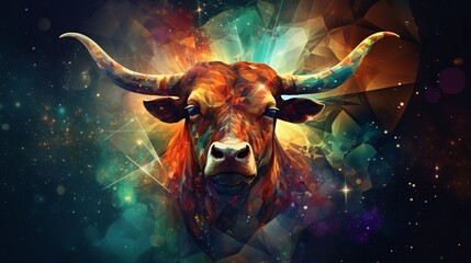 Digital illustration of a bull in abstract space with colorful lights and stars - obrazy, fototapety, plakaty