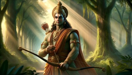 Realistic illustration of lord rama holding a bow and arrow. - obrazy, fototapety, plakaty