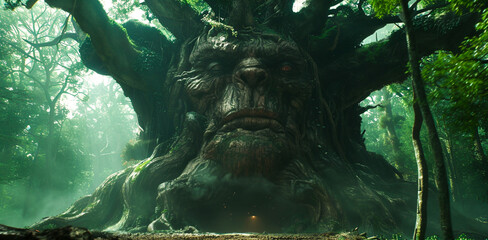 Gigantic ancient tree with a face, seemingly alive, stands amidst a mystical forest with a glowing entrance.